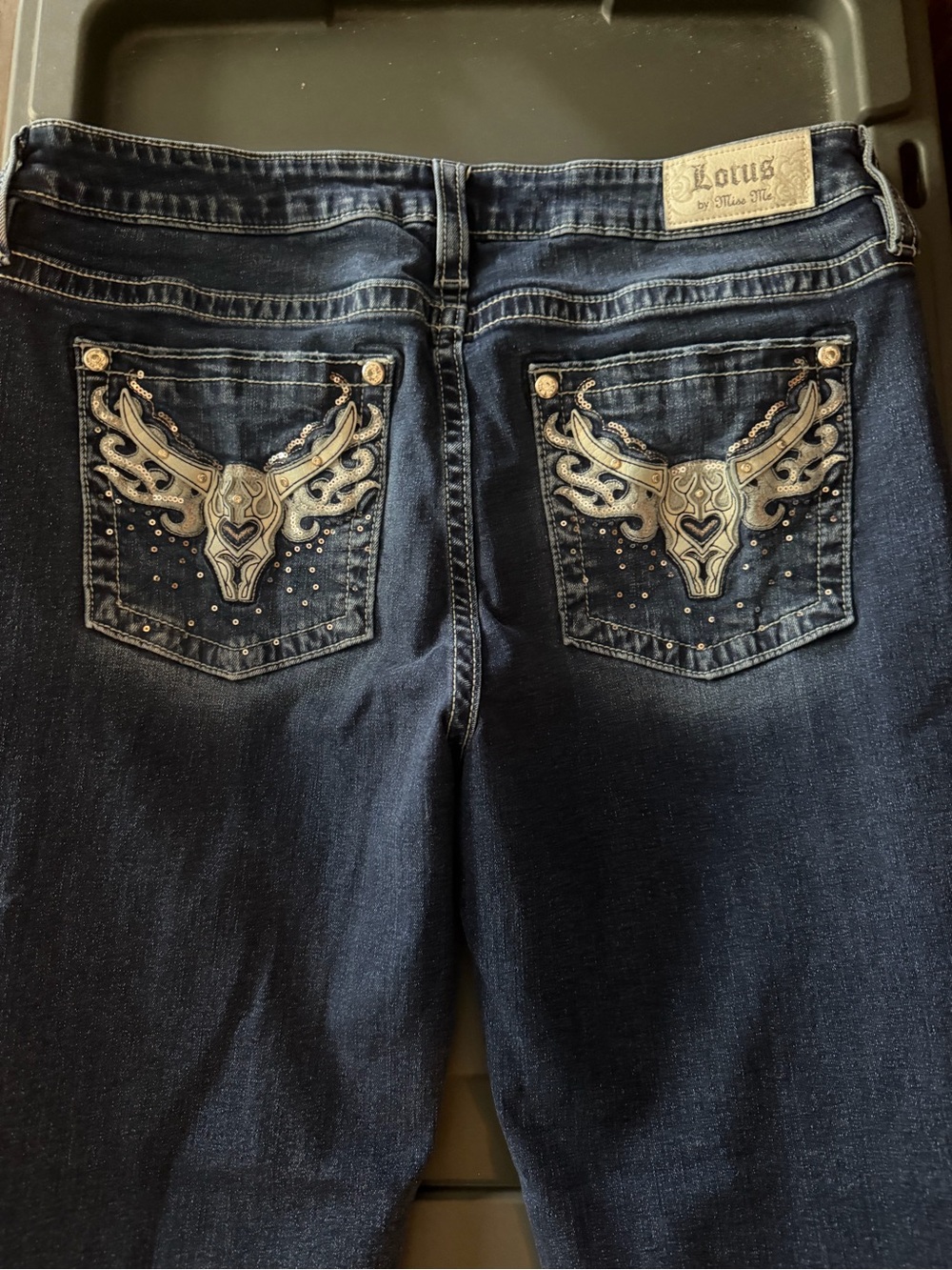 Lotus By Miss Me Dark Blue Bootcut Jeans with Embroidered Winged Skull Pockets